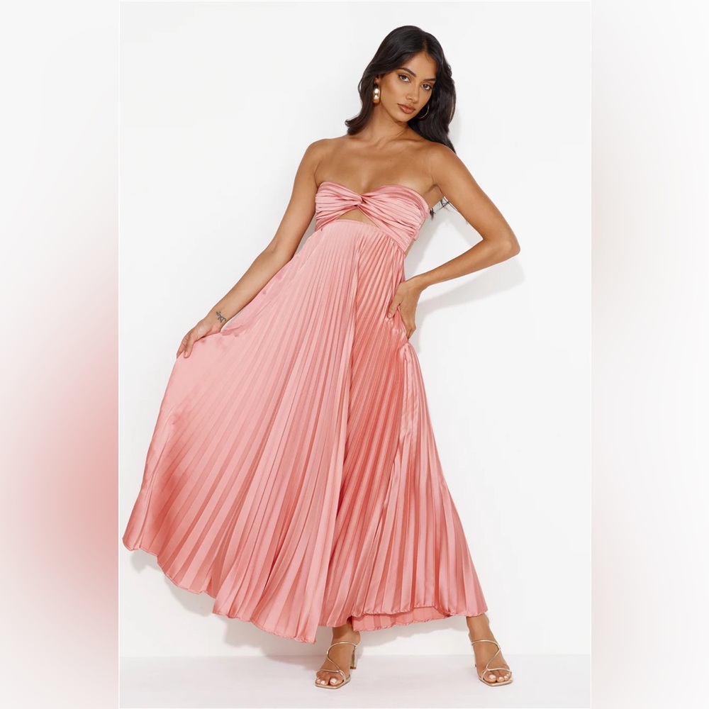 Hello Molly Pink Clouds of Love Strapless Pleated Maxi Dress